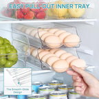 Vtopmart Clear Plastic Egg Holder for Fridge, Automatic Rolling Egg Container for Refrigerator, Stackable 14-Count Eggs Organizer with Removable Inner Tray, Fridge Organizers and Storage, 1Pack