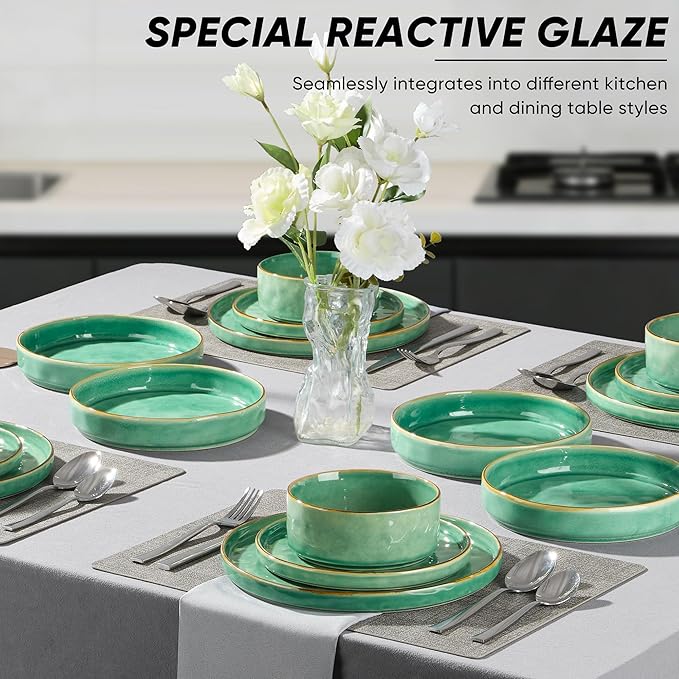 E-far 24-Piece Plates and Bowls Sets with Pasta Bowls - Stoneware Dinnerware Set for 6, Modern Ribbed Dishes, Microwave & Dishwasher Safe, Reactive Green