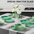 E-far 24-Piece Plates and Bowls Sets with Pasta Bowls - Stoneware Dinnerware Set for 6, Modern Ribbed Dishes, Microwave & Dishwasher Safe, Reactive Green