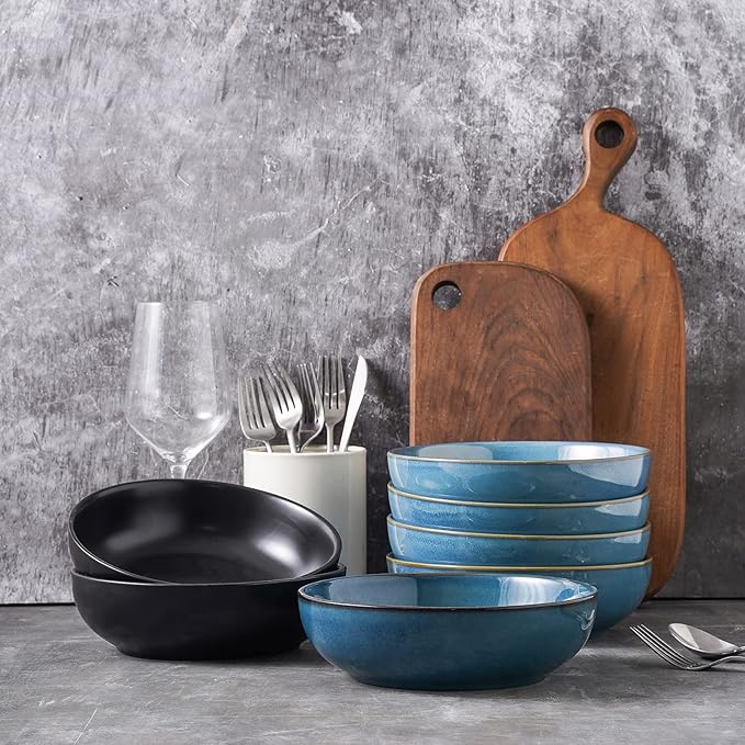 Selamica Ceramic Pasta Bowls Set of 4,Stackable Serving Bowl, Microwave Dishwasher Safe, Matte Black