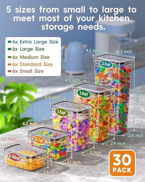 30 PCS Airtight Food Storage Containers with Lids, Kitchen Pantry Organization and Storage, BPA-Free Plastic Scale Food Canisters for Cereal, Flour, Sugar, Dry Food, Include Labels & Marker
