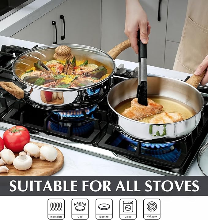 KOCH SYSTEME CS Stainless Steel Saute Pan 12 Inch, 6 Quart Deep Frying Pan with Lid, 18/10 Stainless Steel Saute Pan with Cool-Touch Bakelite Handle, Deep Fry Pan, Induction Ready