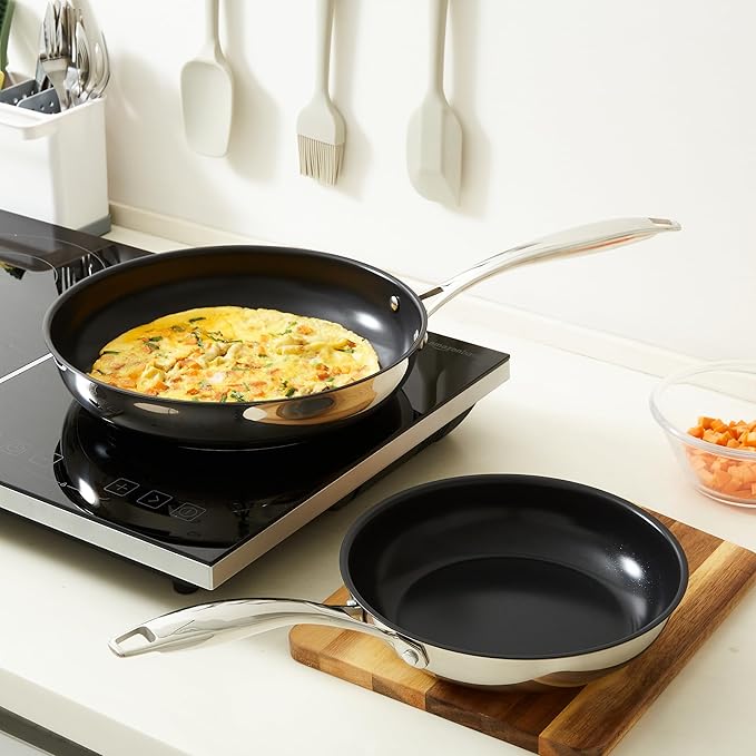 Amazon Basics 2-Piece Ceramic Non-Stick Stainless Steel Fry Pan Set, 10-Inch and 8-Inch