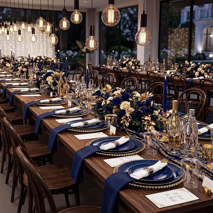 KIRE 350Pcs Blue and Gold Plates -Heavy Duty Navy Blue Dinnerware Set - 100 Plastic Plates 50 Pre Rolled Napkins with Gold Plastic Silverware 50 Cups for Birthday/Wedding/Parties/Passover/Graduation