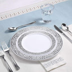 FOCUSLINE 350 Ct Silver Dinnerware Set for 50 Guests, Silver Lace Plastic Plates Disposable Heavy Duty, Including 50 Dinner & Dessert Plates, Cups, Napkins, Cutlery Set
