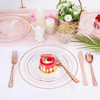 bUCLA 300PCS Rose Gold Plastic Dinnerware - Clear Dinnerware Set Disposable Include 50 Dinner Plates,50 Dessert Plates,50 Knives,50 Forks,50 Spoons,50 Cups for Party, Wedding & Mother's Day