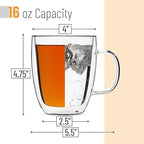 BTaT- Double Walled Glass Coffee Mugs, 16 oz, Set of 4, Glass Coffee Cups with Handle, Insulated Clear Coffee Mug for Hot and Cold Beverages, Cappuccino, Latte, Tea, Americano, Microwave Safe