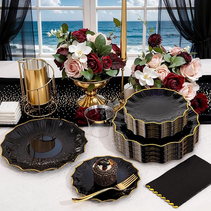 I00000 350 PCS Black and Gold Plastic Plates for 50 Guests, Premium Scalloped Disposable Dinnerware Set Include: 100 Disposable Plate, 50 Napkins, 50 Cups, 50 Silverware Set for Party & Wedding
