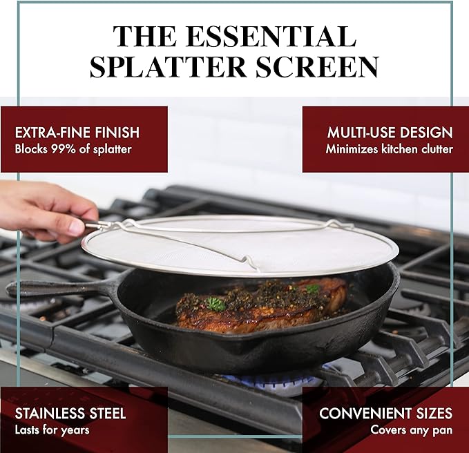 BergKoch Splatter Screen for Frying Pan - 11.5 Inch Stainless Steel Grease Splatter Guard - Cover Oil Splash when Sizzling Bacon, Cooking Fried Chicken or Popcorn