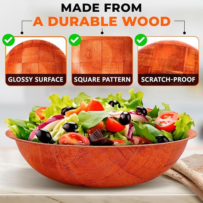 6 Pack Wooden Salad Bowls - 8"Wx2"H Holiday Wooden Salad Bowl Set for Pasta, Fruit or Side Dishes, Glossy & Easy to Clean Surface, for Party Dinners, Brunches, Weddings, Great Mothers Day Table Decor