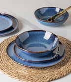 GBHOME Stoneware Dinnerware Sets for 8, 24 Pieces Rustic Ceramic Plates and Bowls Set, Handmade Reactive Glaze Plate Sets, Highly Chip Resistant Dishes, Microwave & Dishwasher Safe, Sea Blue