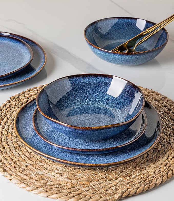 GBHOME Stoneware Dinnerware Sets for 6, 18 Pieces Rustic Ceramic Plates and Bowls Set, Handmade Reactive Glaze Plate Sets, Highly Chip Resistant Dishes, Microwave & Dishwasher Safe, Sea Blue