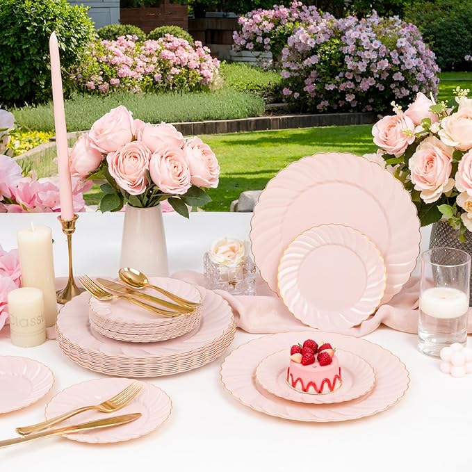 YOUBET 125Pcs Pink Plastic Plates with Gold Rim - Scalloped Plastic Plates Set Includes 25 Dinner, 25 Dessert Plate, 75 Gold Silverware for 25Geusts for Wedding Birthday Baby Shower Mothers Day