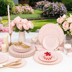 YOUBET 125Pcs Pink Plastic Plates with Gold Rim - Scalloped Plastic Plates Set Includes 25 Dinner, 25 Dessert Plate, 75 Gold Silverware for 25Geusts for Wedding Birthday Baby Shower Mothers Day