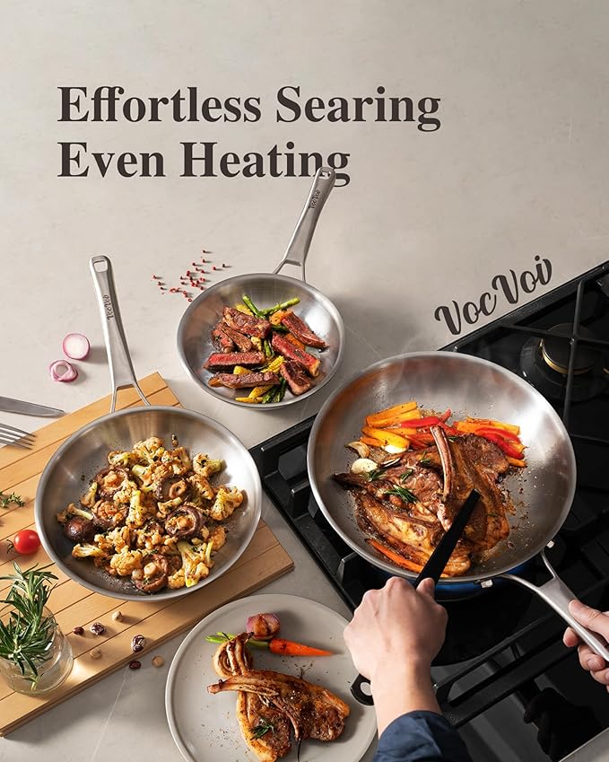 Stainless Steel Frying Pans Set,PFOA&PTFE Free Tri-Ply Skillets,Chef's Pan Set(8+10+12inch) Frying Pans for cooking,Induction Cookware Sets,Dishwasher and Oven Safe