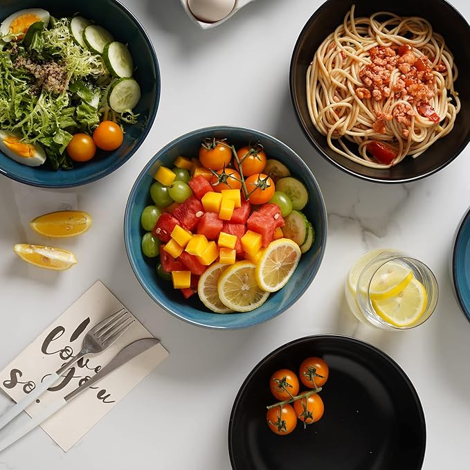 Selamica Ceramic Pasta Bowls Set of 4,Stackable Serving Bowl, Microwave Dishwasher Safe, Matte Black