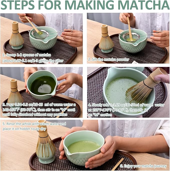 Joyscale Matcha Whisk Set, Matcha Set Whisk And Bowl, 8 Pcs Matcha Kit Set(Texture Design), 16 OZ, Japanese Matcha Tea Set, Matcha Making Kit Gifts for Tea Lovers(Celadon Green)