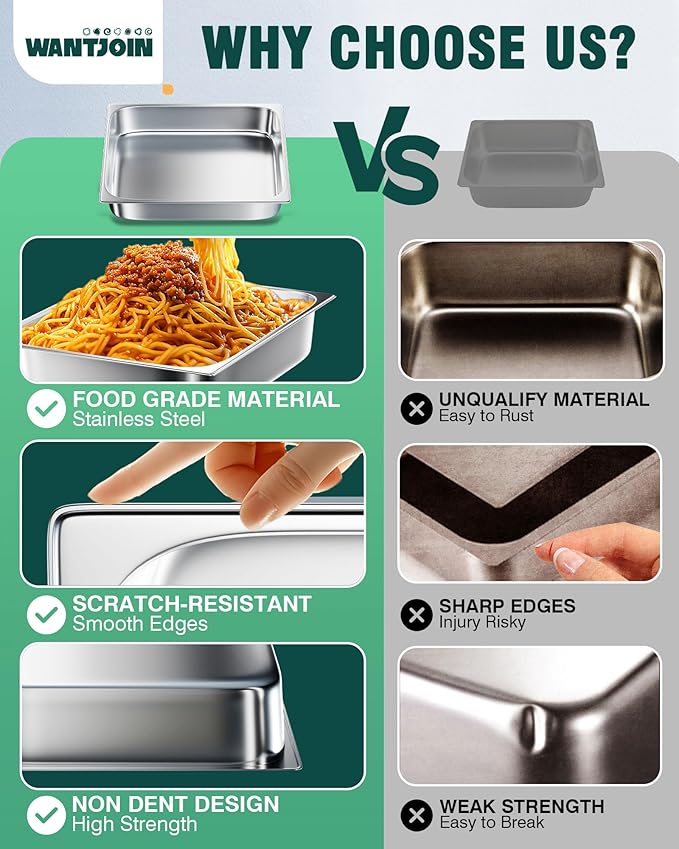 WantJoin Steam Table Hotel Pans 1/2 Half Size 6 Inch Deep 6 Pack, Stainless Steel Metal Tray Sets Food Storage Container for Restaurant Chafing Dishes Commercial Buffet Catering Supplies
