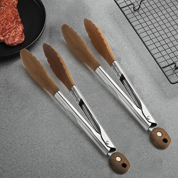 2 Pcs Walnut wood tongs Kitchen Tongs for Cooking 9-Inch Kitchen Tongs Grilling for Serving Food, BBQ, Cooking, and