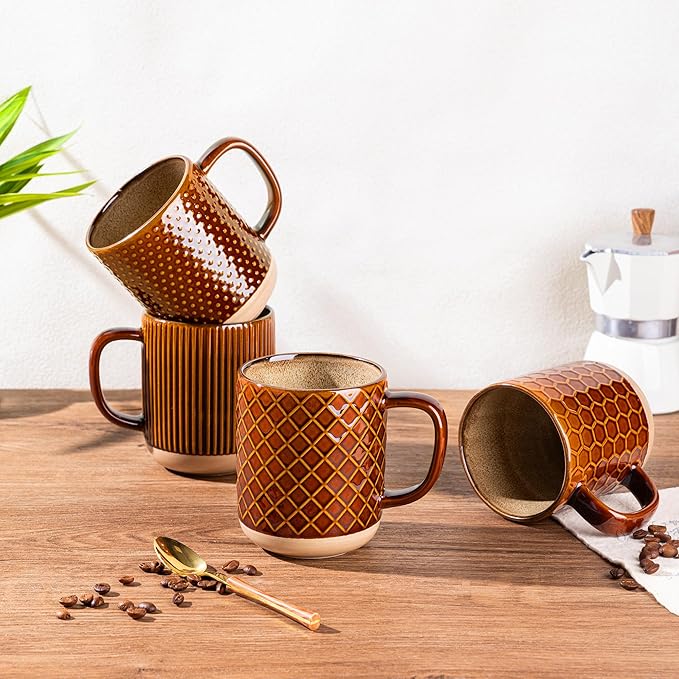 GBhome 12oz Coffee Mugs Set of 4, Handmade Stoneware Coffee Mugs Set with Large Handle for Cappuccino/Latte/Tea/Hot Cocoa, Dishwasher & Microwave Safe, Caramel