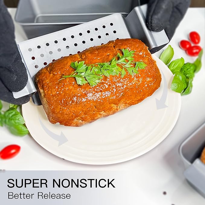 HONGBAKE Meatloaf Pan with Drain Tray, 9 x 5 Inches Loaf Pans with Insert, Nonstick Meat Loaf for Baking, Reduce the Fat and Kick Up the Flavor, Grey