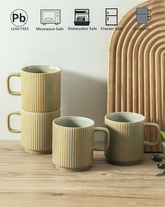 Coffee Mugs Set of 4, Ceramic Ribbed Tea Coffee Cups with Handle, Large Porcelain Mug for Americano, Latte, Cappuccino, Hot Chocolate, Grey