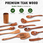 12 Piece Wooden Spoons for Cooking, Natural Teak Wooden Utensils Set, Handmade Wood Kitchen Utensil Set with Holder and Spoon, Durable Nonstick, Comfort Grip Wood Cookware Tool