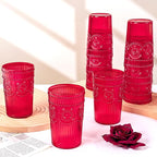Ciaell 12 Pack Romantic Plastic Water Glasses - 14 Oz Red Vintage Drinking Glasses, Embossed Ribbed Plastic Cups, Textured Striped Set for Juice, Beverages, Beer, Cocktail