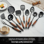 Stainless Steel Kitchen Utensils Set with Wood Handle, 18/10 Metal Cooking Utensils Set, 10 Piece - Spatula, Spoon, Ladle, Skimmer, Slotted Turners, Pasta,Turner, Ladl, Fork