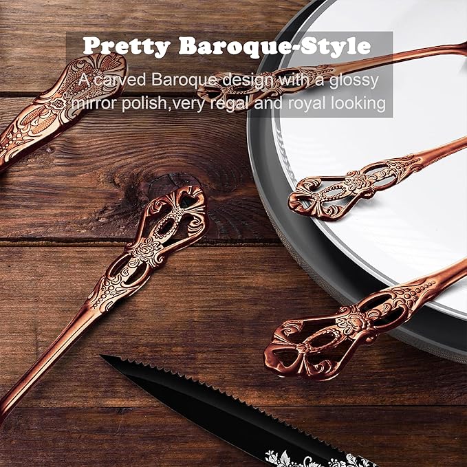 Runfly Retro Royal Rose Gold/Copper 48 Pieces Flatware Set, Gorgeous Silverware Set For 8, Anti-rust Stainless Steel dark Cutlery Set Utensils Including Fork Spoon and Knife