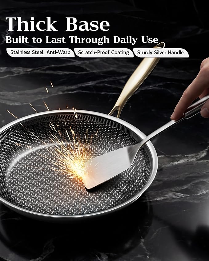 Honeycomb Stainless Steel Nonstick Frying Pan with Lid 12 Inch, Induction Cooktop Compatible Skillet, PFOA-Free Scratch-Proof, Dishwasher & Oven Safe, Stay-Cool Handle, Gold Kitchen Cookware