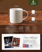 famiware Coffee Mug Set for 8, Star 12 oz Catering Mugs Cup Set with Handle for Coffee, Tea, Cocoa, Milk - Ceramic Stoneware Drinkware Set, Matte White