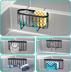 HapiRm Sponge Holder for Kitchen Sink - Rustproof Hanging Kitchen Caddy for Double-Bowl Sink, Center Divider Width Less Than 1.5in- Black