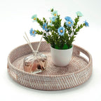 2 Pack Round Rattan Tray, Hand Woven Serving Tray with Handles, Wicker Serving Basket, Decorative Tray for Home Decor, Whitewash (11.8 + 14 inch)