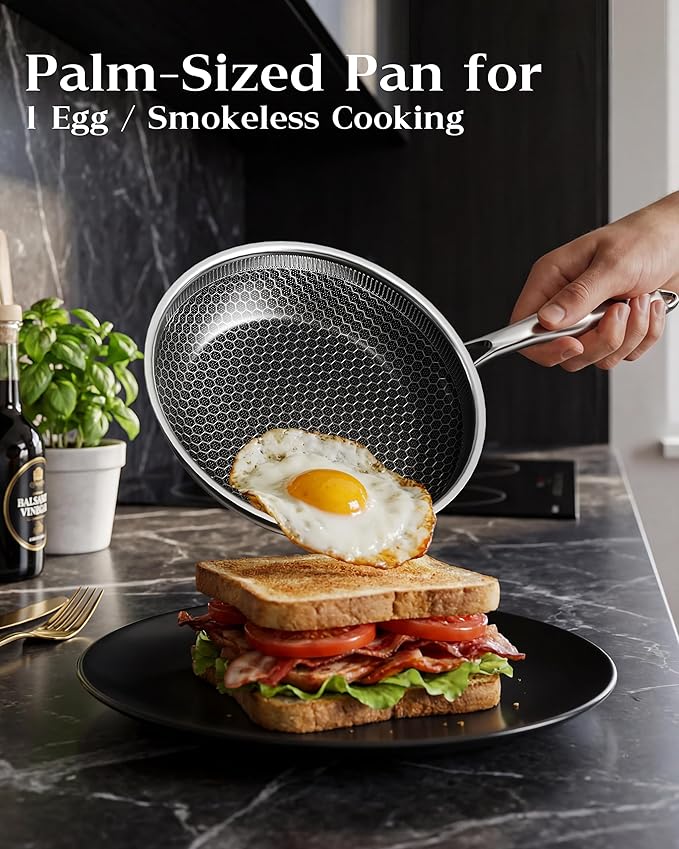 Honeycomb Stainless Steel Nonstick Frying Pan with Lid 7 Inch, Induction Cooktop Compatible Skillet, PFOA-Free Scratch-Proof, Dishwasher & Oven Safe, Stay-Cool Handle, Silver Kitchen Cookware