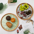 Round Rattan Tray with Mother of Pearl Inlay, Decorative Wicker Serving Tray with Wooden Base, Woven Basket Trays for Bread Fruits Coffee, Plume