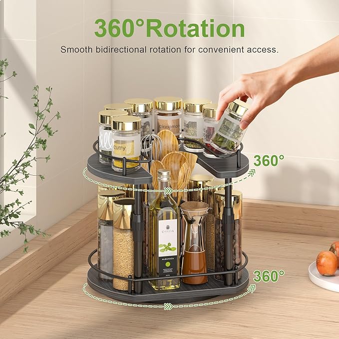 Lazy Susan Spice Rack Organizer For Cabinet With Adjustable Height, 12 inch Rotating Countertop Seasoning Organizer For Tall Bottle, 2-Tier Spining Turntable Spice Holder For Pantry