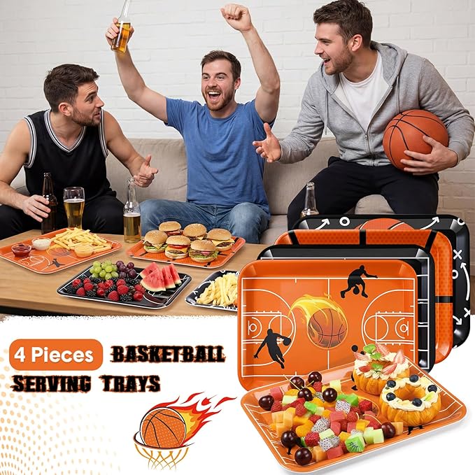 4 Pieces Basketball Serving Trays - Sports Melamine Platters Reusable Rectangle Party Trays for Basketball Sports Theme Party Food Dessert Serving Supplies, 13 x 9.7 inch