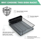 SunnyPoint 304 Stainless Steel Dish Drying Rack with Diatomaceous Earth Drainboard & Removable Utensil Caddy – Rust Resistant Countertop Dish Rack for Kitchen (Black)