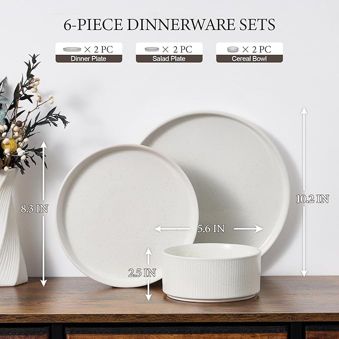 E-far Stoneware Dinnerware Sets for 2, 6-Piece Plates and Bowls Sets, Chip & Scratch Resistant Ribbed Dish Set for Home Restaurant, Microwave & Dishwasher Safe, Speckled White