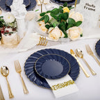 YOUBET 150PCS Blue Plastic Plates - Gold Plastic Silverware - Heavy Duty Navy Blue Disposable Plates include 50 Plates, 25 Forks, 25 Knives, 25 Spoons, 25 Napkins for Wedding Birthday Parties
