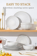 FOBENTA 18-Piece Embossed Ceramic Dinnerware Set–6 Dinner Plates,6 Salad Plates,6 Pasta Bowls,Elegant & Durable Tableware,Dishwasher & Microwave Safe,Perfect for Family & Entertaining