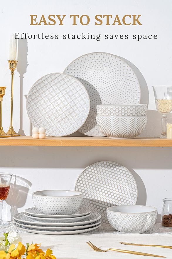 FOBENTA 16-Piece Ceramic Plates and Bowls Set,Dual Bowl Dish Set with Dinner & Pasta Bowls，Elegant Embossed Dinnerware for Modern Homes,for Microwave & Dishwasher Safe