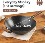 WANGYUANJI 12.6” Cast Iron Wok with Glass Lid – Traditional Round Bottom Chinese Wok for Gas Stove & Open Flame (Wok Ring Required) – Uncoated Clay-Mold “Turtle Shell” Texture – Seasoning Needed