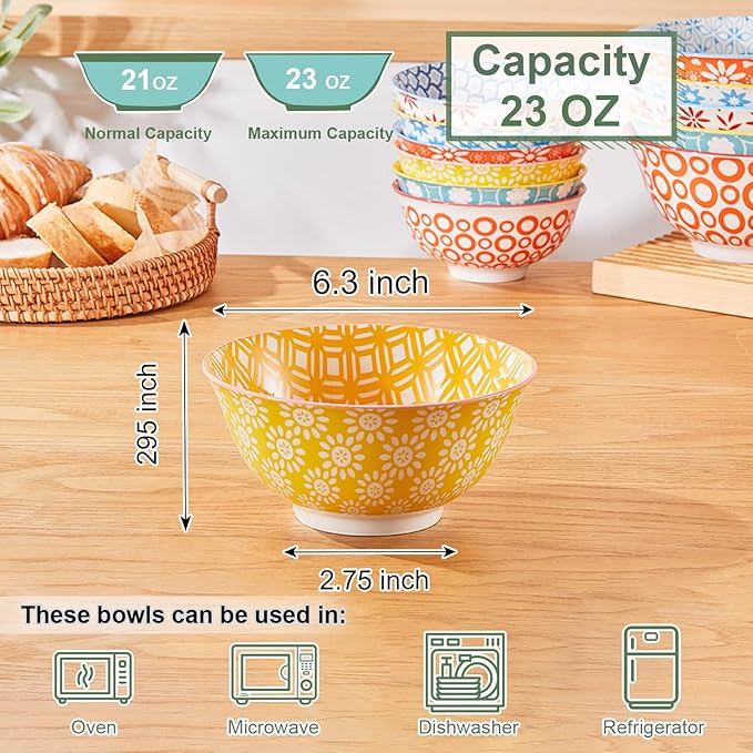 AntoKueh 23 OZ Colorful Large Ceramic Bowl Set of 6 6 inch Deep Porcelain Cereal Bowls for Salad, Soup, Snack and Rice，Dishwasher/Microwave safe