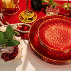 Rubtlamp 350 Pcs Plastic Dinnerware Set (50 Guests), Red And Gold Plastic Plates, Hammered Party Plates Set Include Dinner Plates, Dessert Plates, Cups, Cutlery Set And Napkins for Wedding And Party