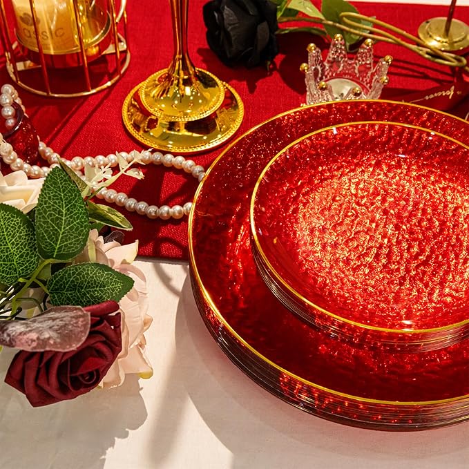 Rubtlamp 350 Pcs Plastic Dinnerware Set (50 Guests), Red And Gold Plastic Plates, Hammered Party Plates Set Include Dinner Plates, Dessert Plates, Cups, Cutlery Set And Napkins for Wedding And Party