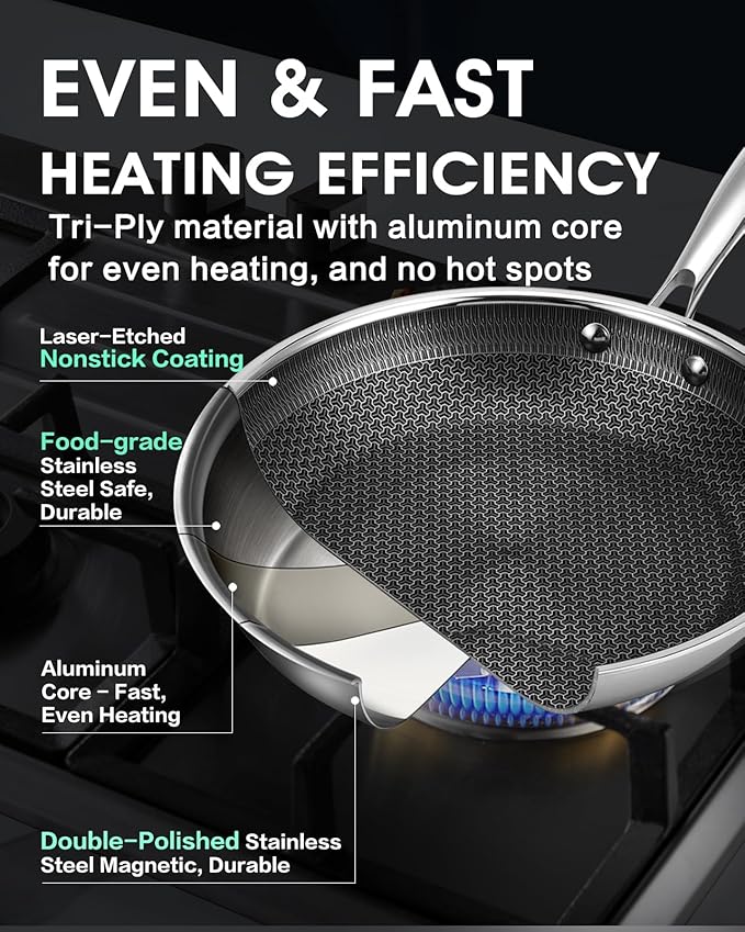 10 Inch Non Stick Frying Pan with Lid, Hybrid Nonstick Stainless Steel Skillet Pan with Stay-cooling Handle, PFOA Free Non Toxic Dishwash & Oven Safe Kithchen Cookware Set Compatible All Cooktops
