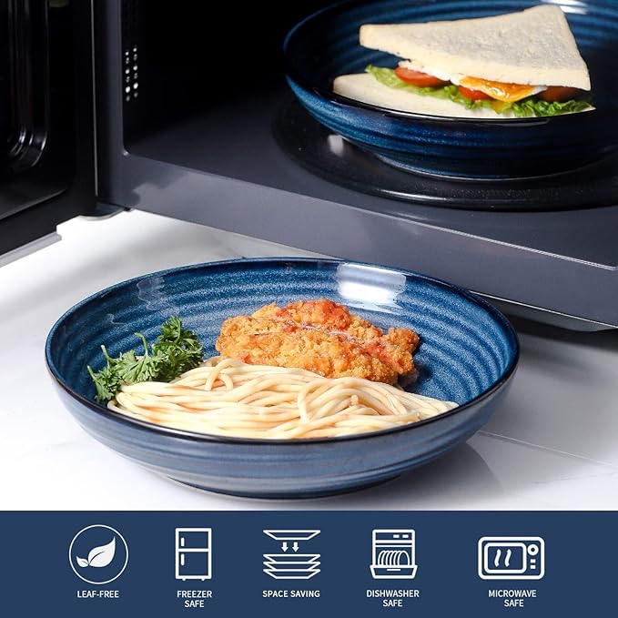HASENSE Pasta Bowls Set of 2, 8.7 Inch Ceramic Salad Serving Bowls for Kitchen, 32 Ounce Shallow Bowls for Pasta Soup Salad Dinner, Microwave Dishwasher Safe, Navy Blue