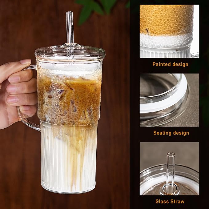 Glass Tumbler with Lids and Straws 2Pack 20oz Glass Cup with Handle-Wide Mouth Ice Coffee Cup Borosilicate Drinking Glasses for Smoothie Drinks